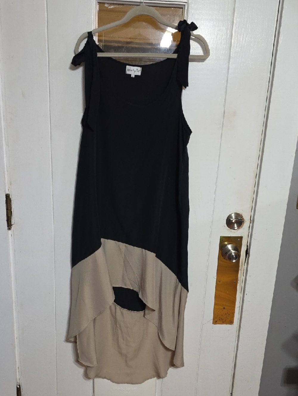 Mud Pie Women's Sheath Dress Black/Tan High/Low Maxi Ties At Shoulders Sz M EUC
